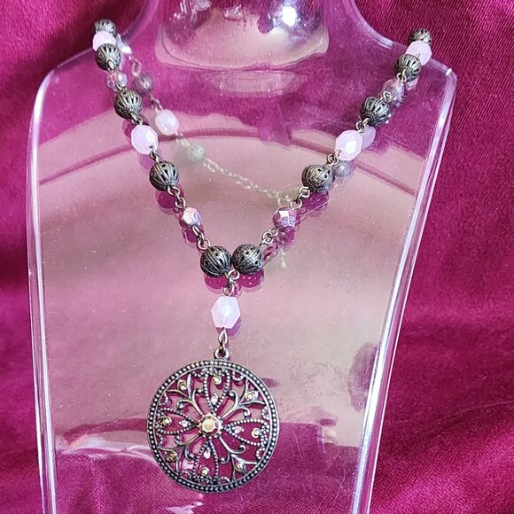 Silver Toned Pendant on Pink Beaded Necklace Fashion Jewelry NEW